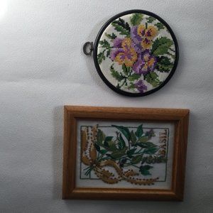 Two embroidery and cross stitch wall decors rectangle and round small